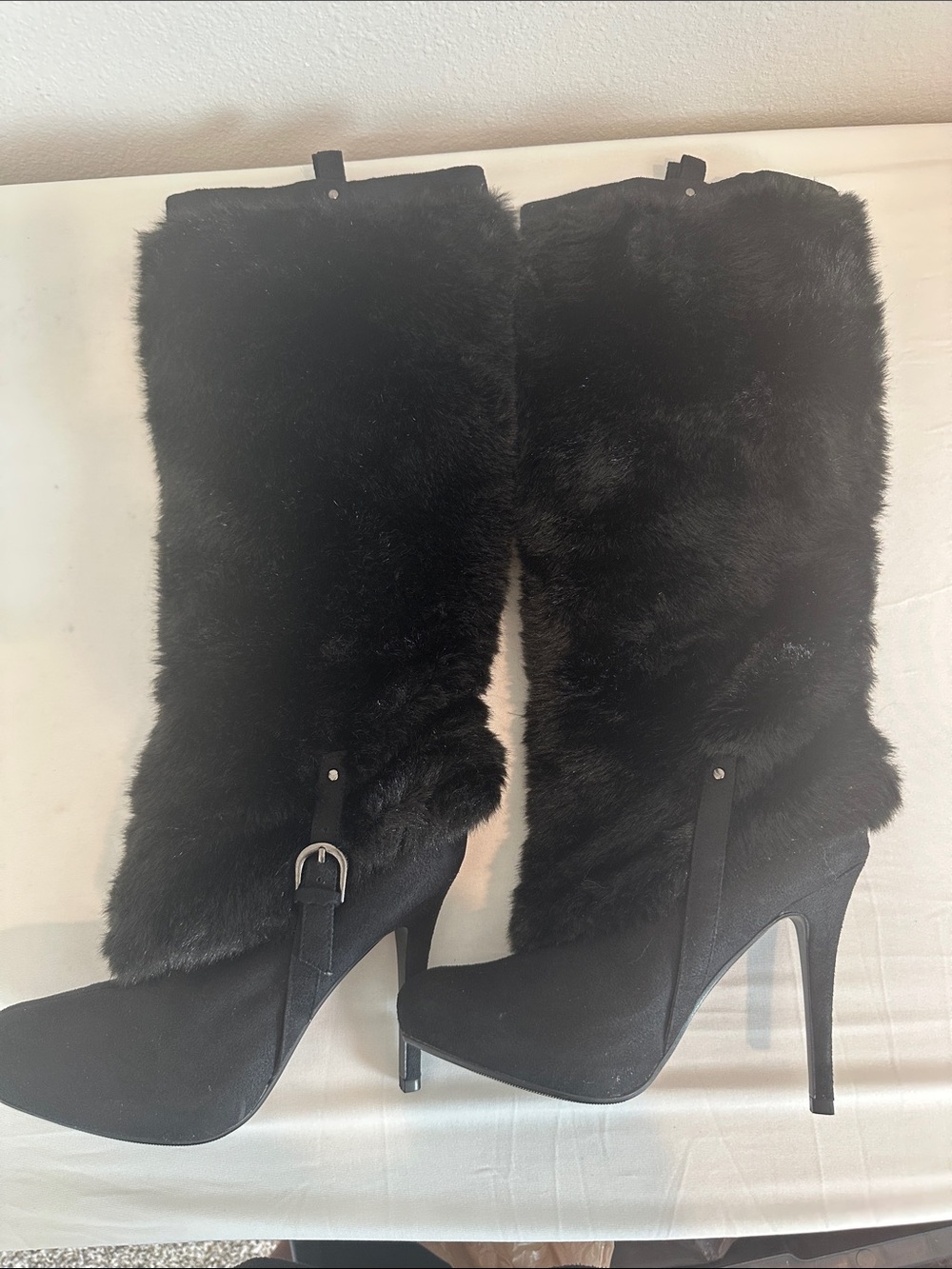 Source Unknown Black Faux Fur Knee-High Stiletto Boots
